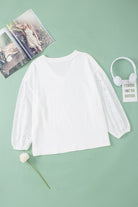 V-neck Embroidered Patchwork Puff Sleeve Blouse