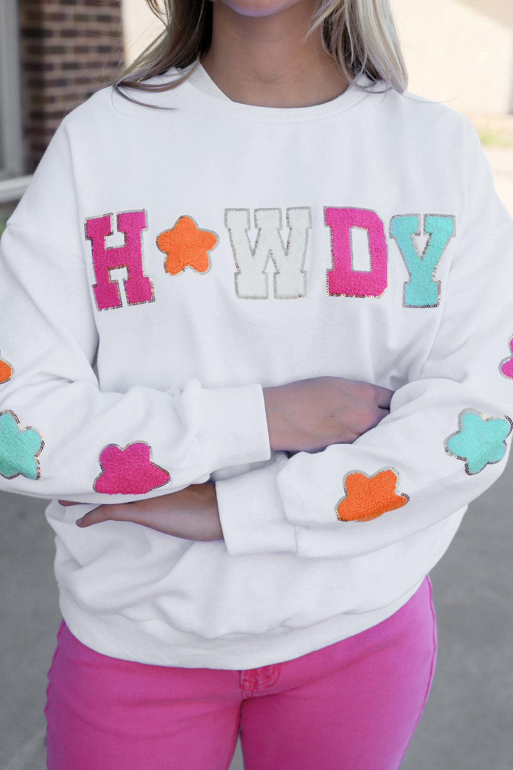 Howdy Glitter Chenille Patch Graphic Casual Sweatshirt