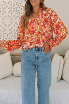 Frilled Split Neck Bubble Sleeve Floral Blouse