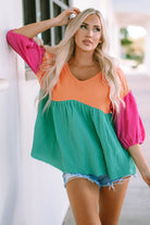 Crinkle Bubble Sleeve Color Block Blouse