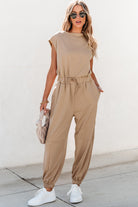 Cap Sleeve Open Back Drawstring Jogger Jumpsuit