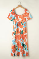 Plus Size Flower Print Shirred Square Neck Maxi Dress