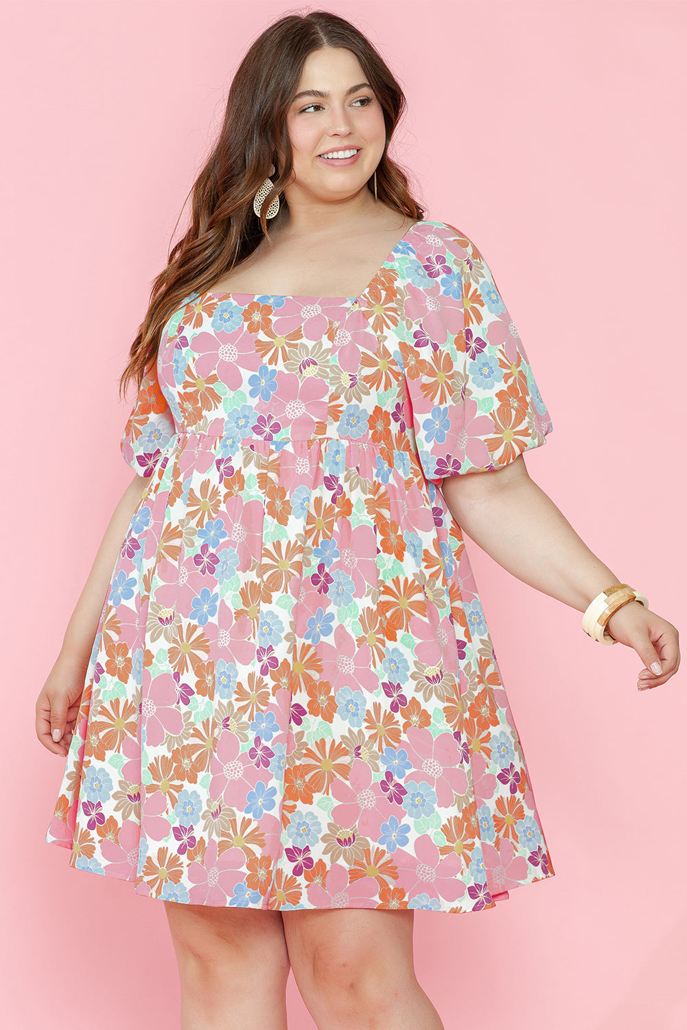 Floral Puff Sleeve Square Neck Plus Babydoll Dress