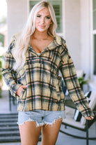 Plaid Button Neck Pocketed Pullover Hoodie