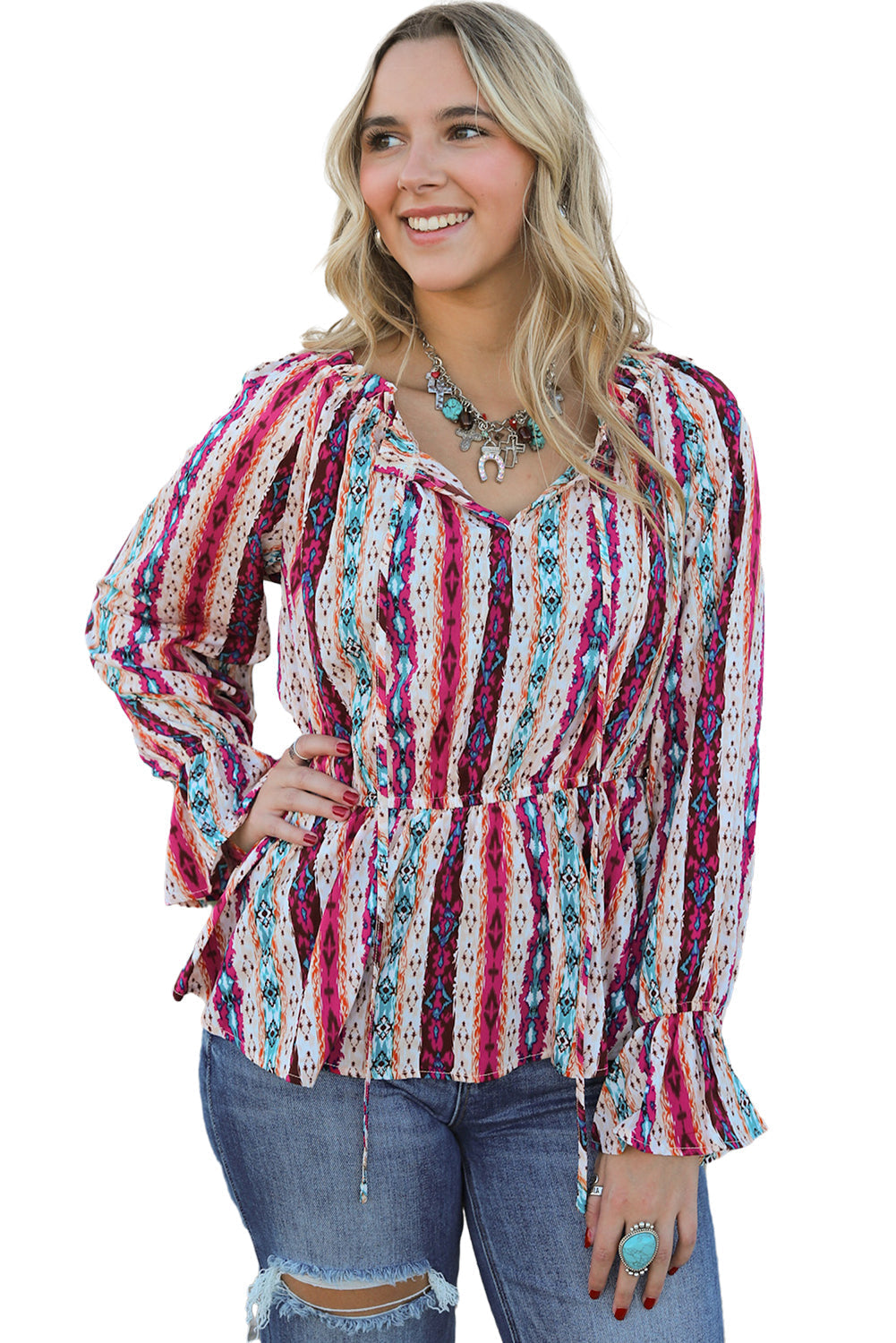 Western Aztec Split Neck Peplum Blouse