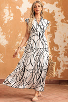 Abstract Vein Print V Neck Ruffle Maxi Dress