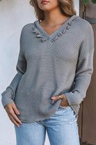 Gray V Neck Ribbed Drop Shoulder Hooded Sweater