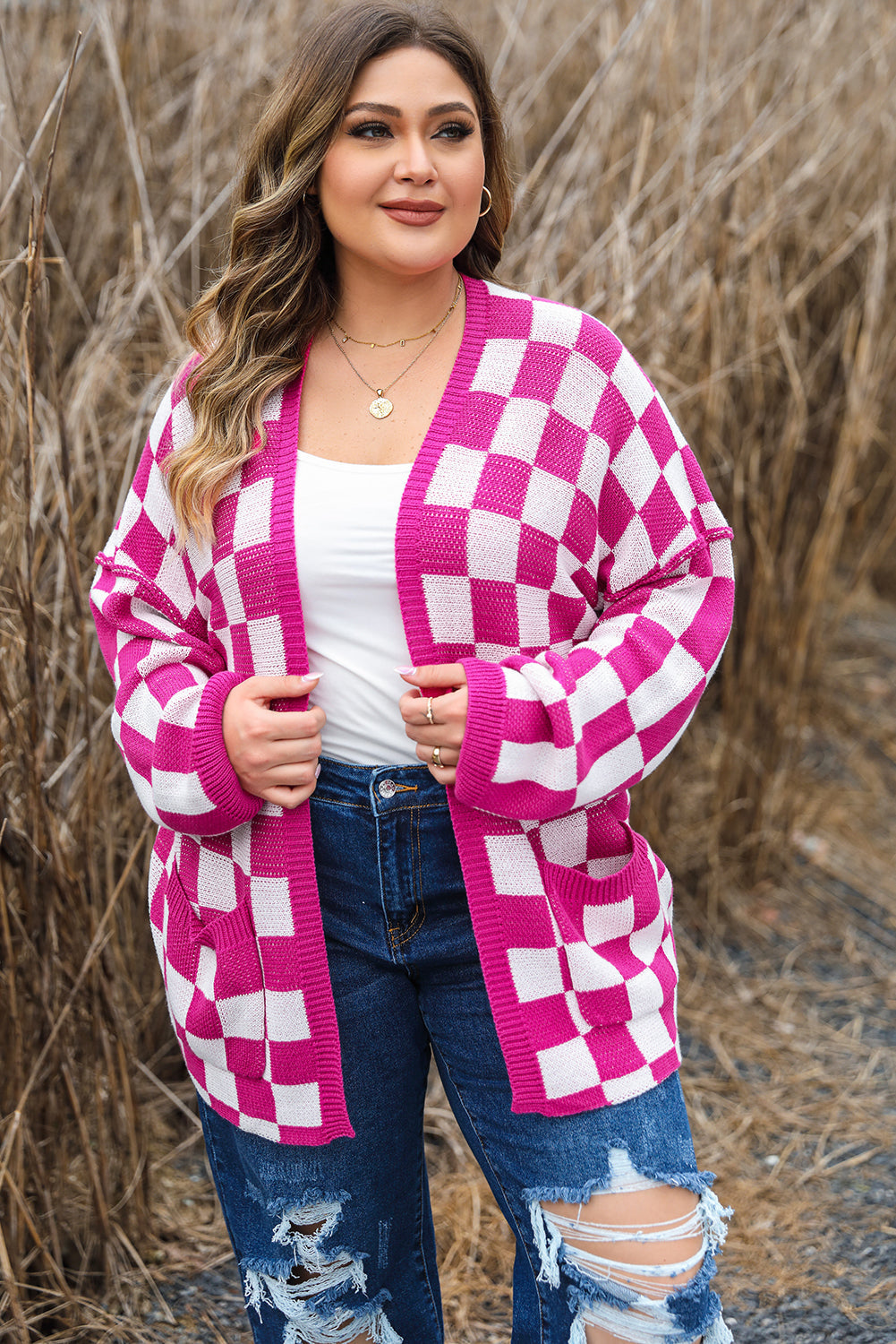 Checkered Pattern Open Front Plus Size Cardigan