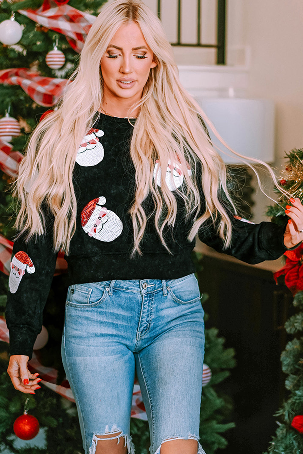 Santa Claus Graphic Cutout Back Sweatshirt