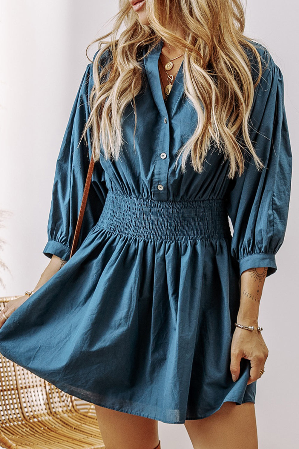 3/4 Sleeve Shirred High Waist Buttoned Mini Dress