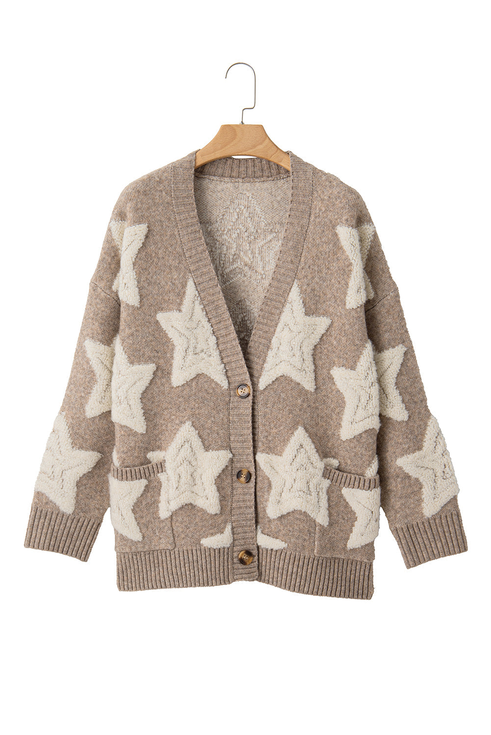 Sherpa Star Pattern Textured Sweater Cardigan with Pockets