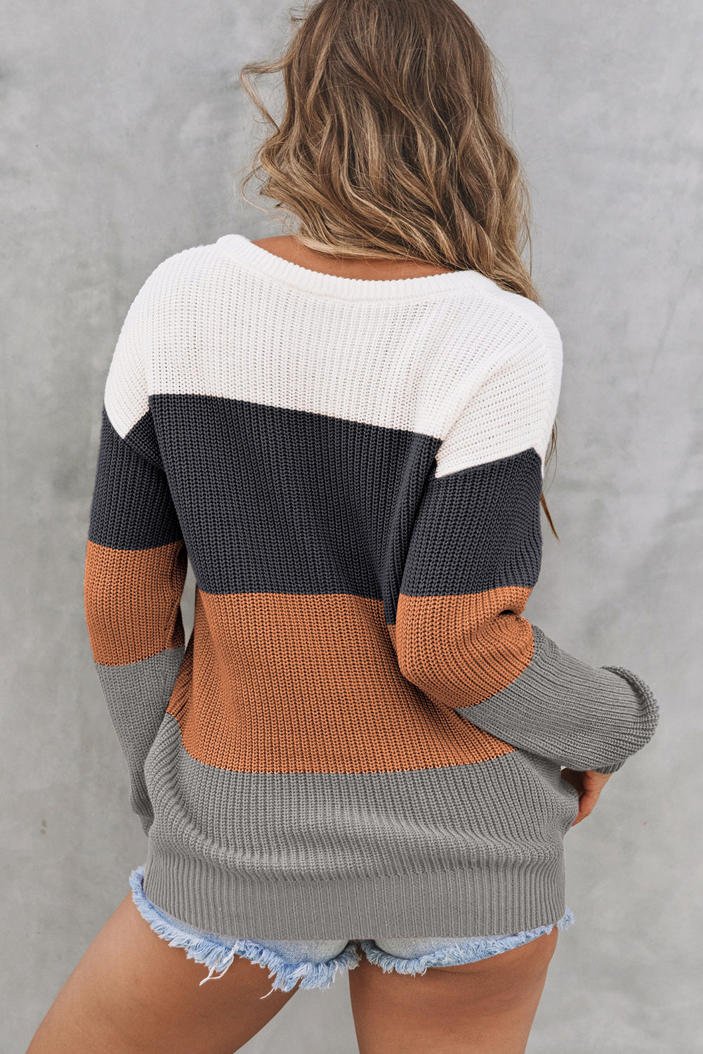 Color Block Knitted O-neck Pullover Sweater