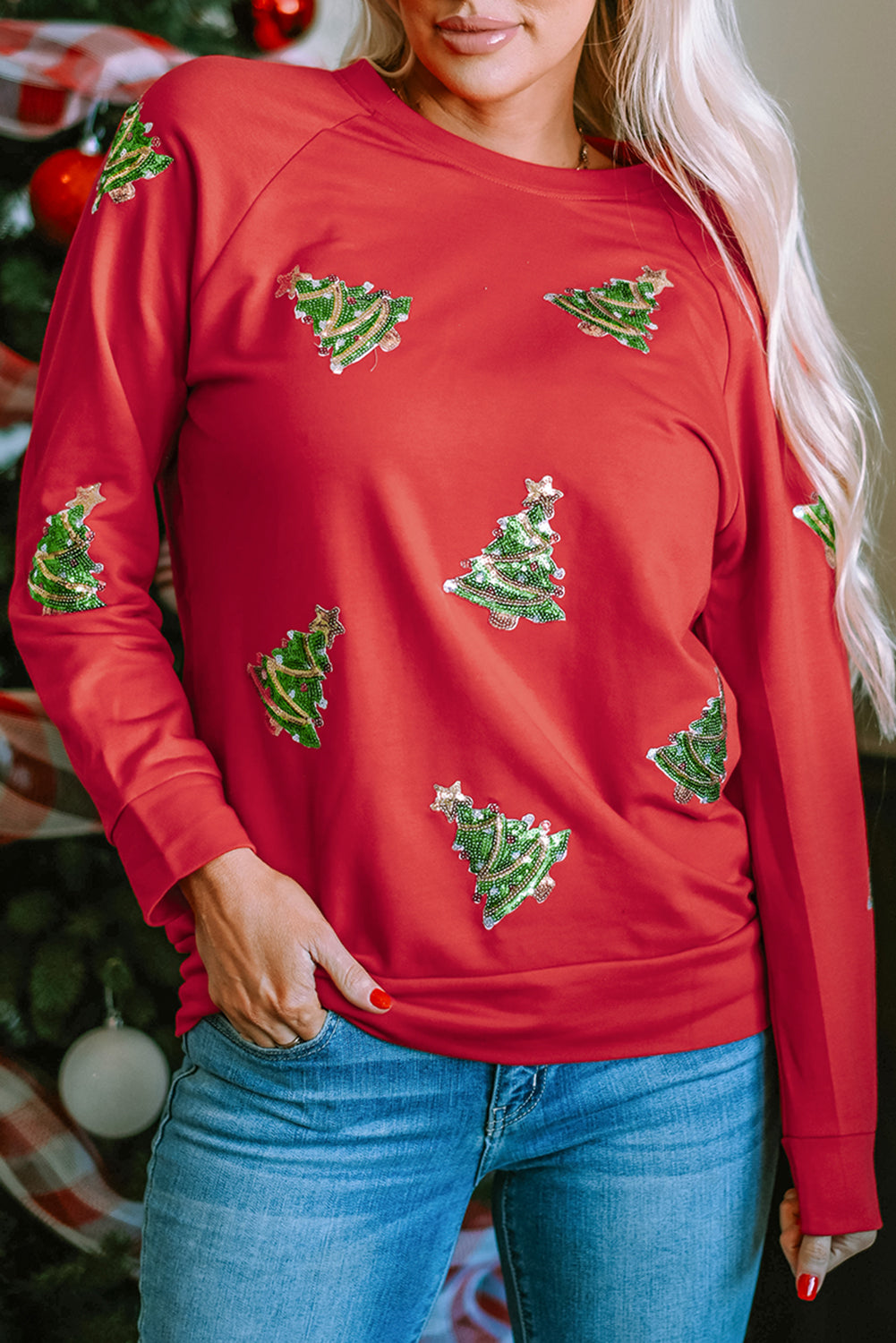 Sequined Christmas Tree Raglan Sleeve Sweatshirt