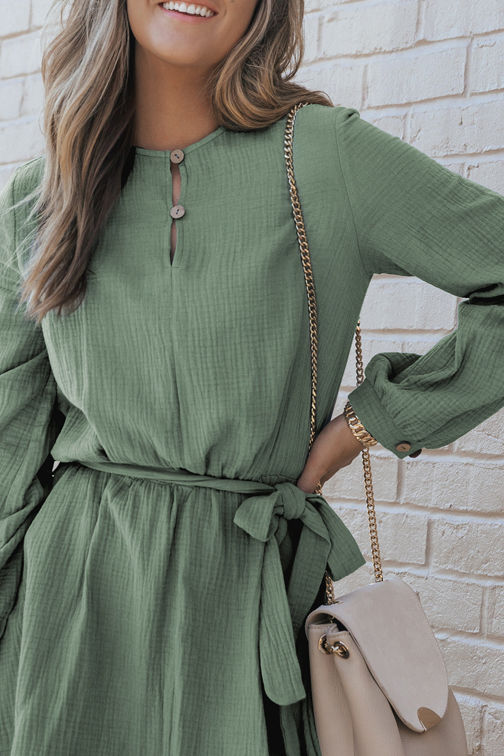 Button Neck Puff Sleeve Belted Pleated Mini Dress