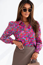 Abstract Floral Button Up Long Puff Sleeve Shirt