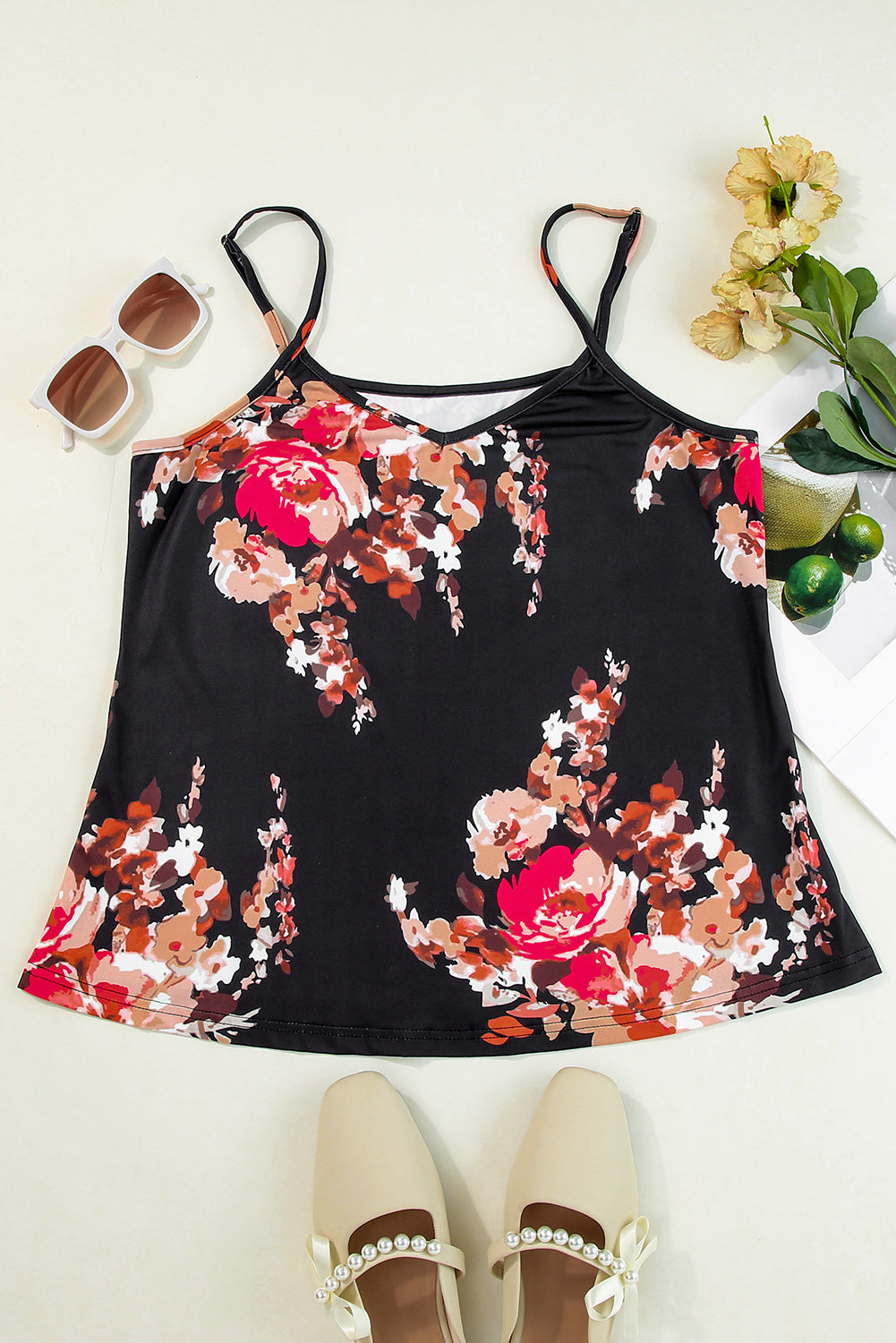 Floral Print Adjustable Spaghetti Strap V Neck Tank Top