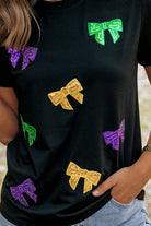 Mardi Gras Sequin Bow Knot Crew Neck T Shirt