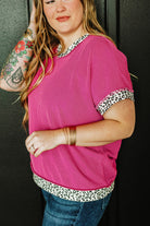 Leopard Trim V Neck Short Sleeve Plus Size Corded Top