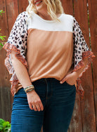 Khaki Waffle Knit Animal Print Ruffle Sleeves Plus Size Top