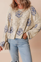 Contrast Flower Print Eyelet Drop Shoulder Sweater