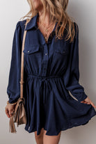 Solid Chest Pockets Tunic Shirt Mini Dress