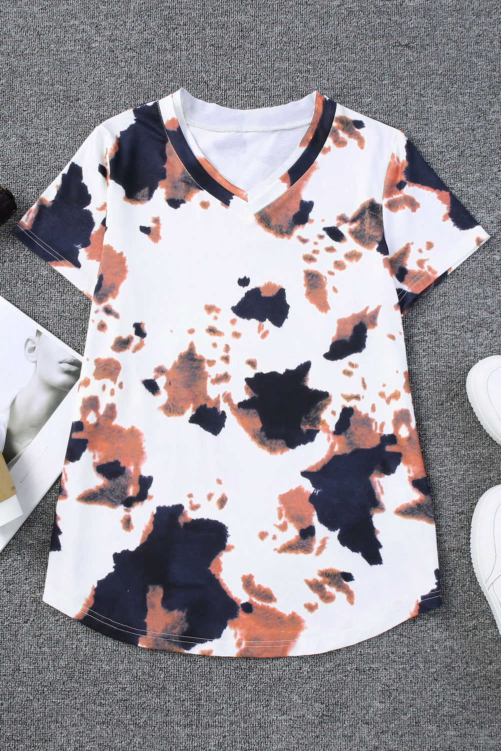 White Cow Pattern Print Short Sleeve V Neck T Shirt