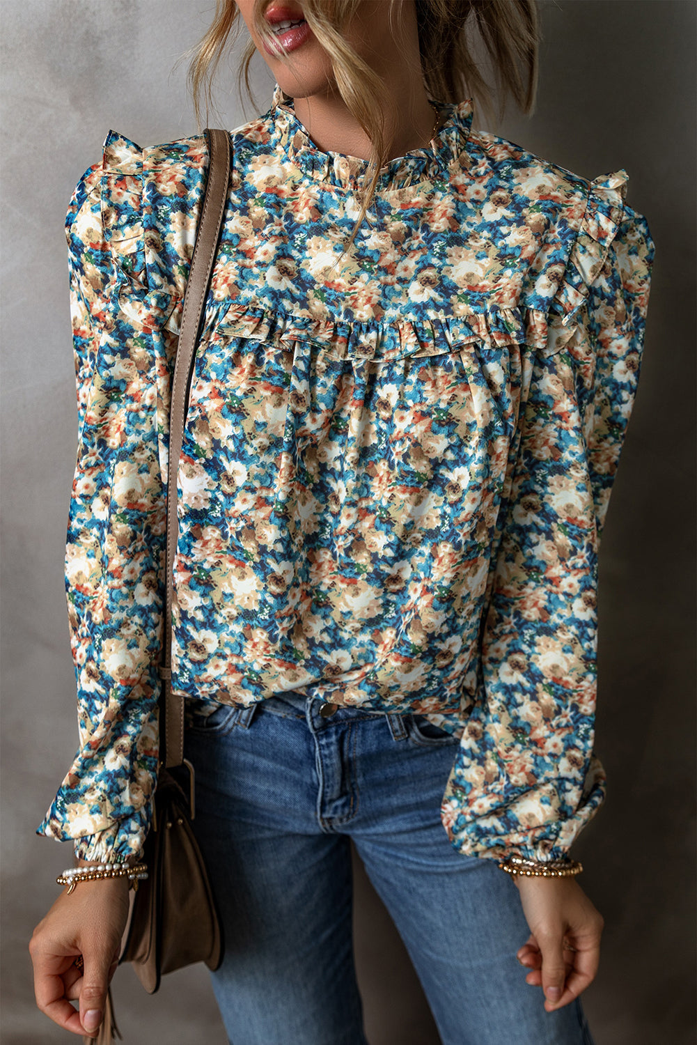 Floral Print Frilled Mock Neck Puff Sleeve Blouse