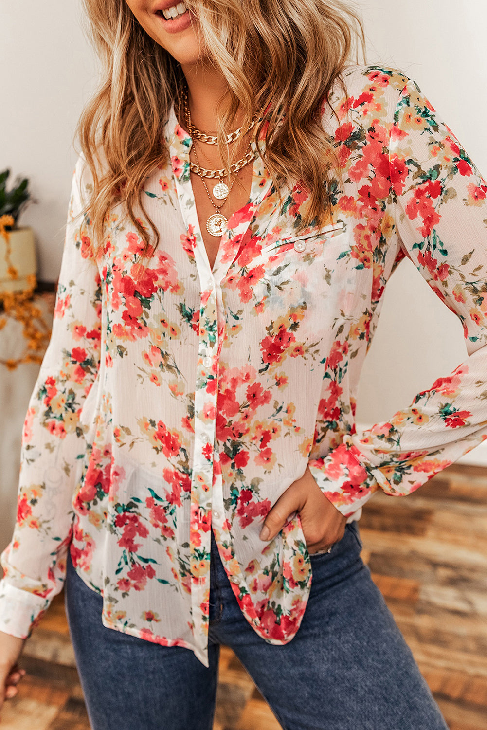 Vibrant Floral Print Chest Pocket Shirt