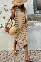 Stripe Print Open Back Sleeveless Maxi Dress with Slits