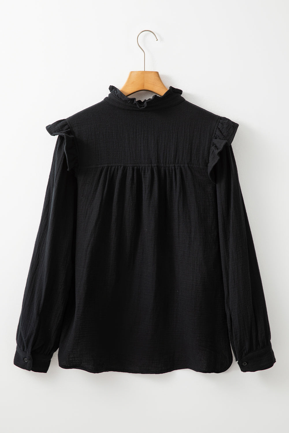 Textured Ruffled Trim Buttoned Loose Fit Shirt