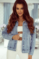 Pearl Beaded Chest Pockets Buttoned Denim Jacket