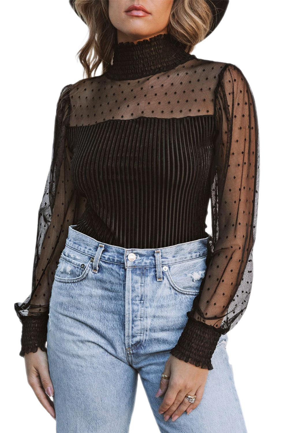 Sheer Dotty Long Sleeve Ribbed Velvet Bodysuit