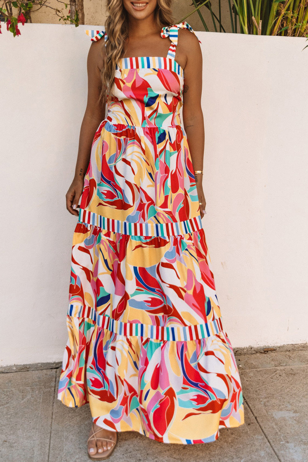 Abstract Print Striped Trim Maxi Sundress