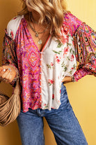 Floral Patchwork Shirred Cuff Buttoned V Neck Blouse