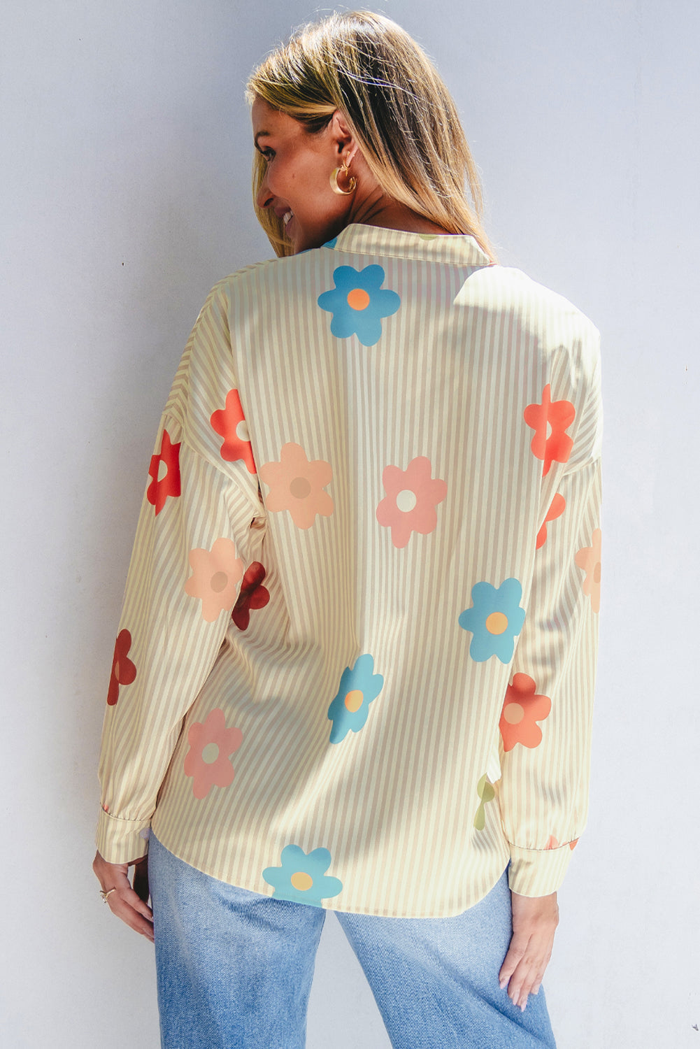 Flower Print Collared Button-up Loose Fit Shirt