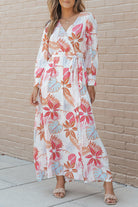 Tropical Plant Print Long Sleeve Wrap V-Neck Slit Maxi Dress