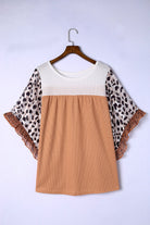 Khaki Waffle Knit Animal Print Ruffle Sleeves Plus Size Top