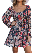 Floral Tiered Long Puff Sleeve Mini Dress