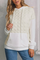 Drop Shoulder Quilted Patchwork Kangaroo Pocket Hoodie