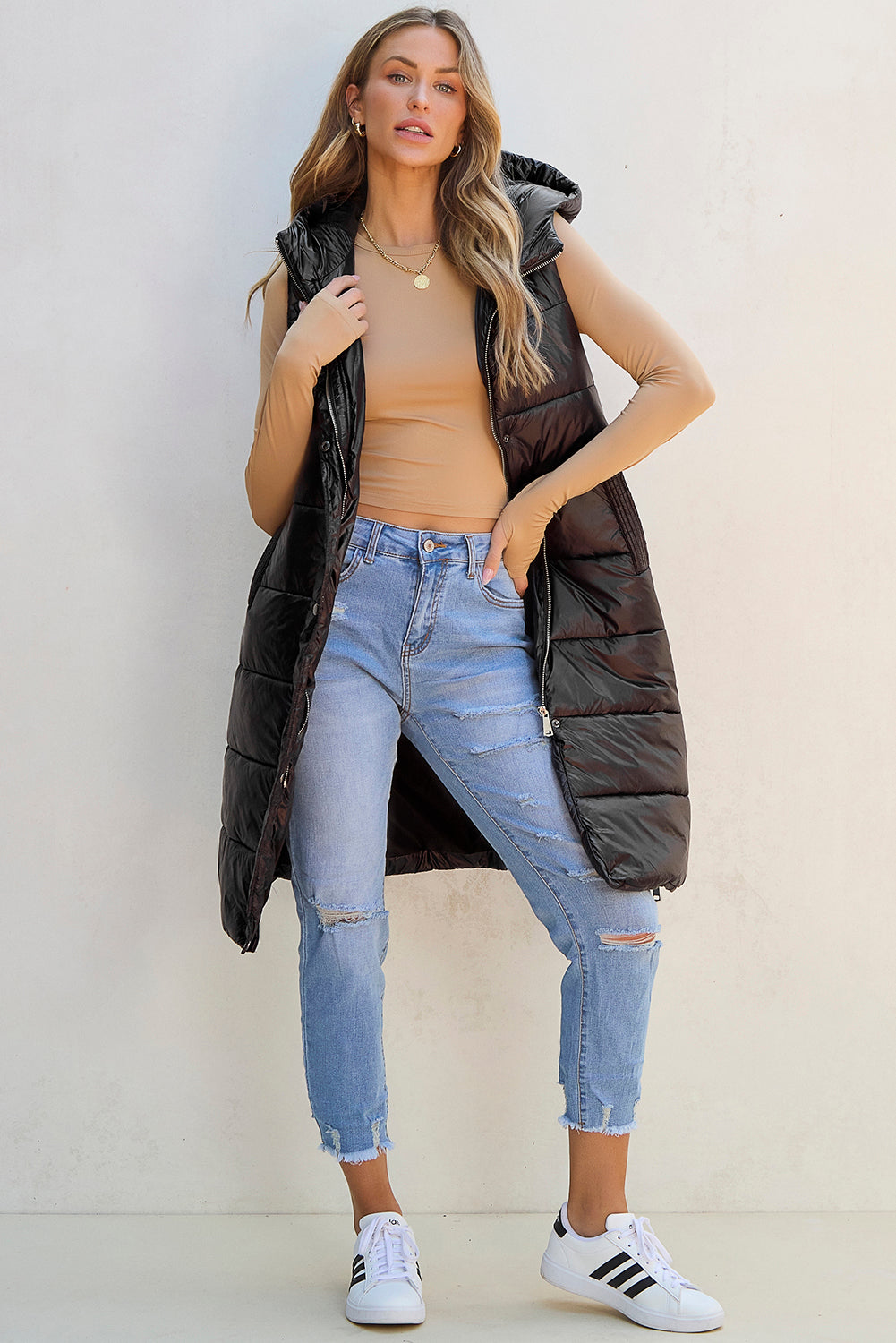 Hooded Long Quilted Vest Coat