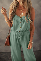 Knotted Straps Button Textured Drawstring Jumpsuit