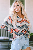 Aztec Print V Neck Long Sleeve Top