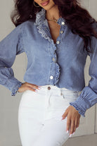 Ruffled Long Sleeve Buttoned Denim Shirt