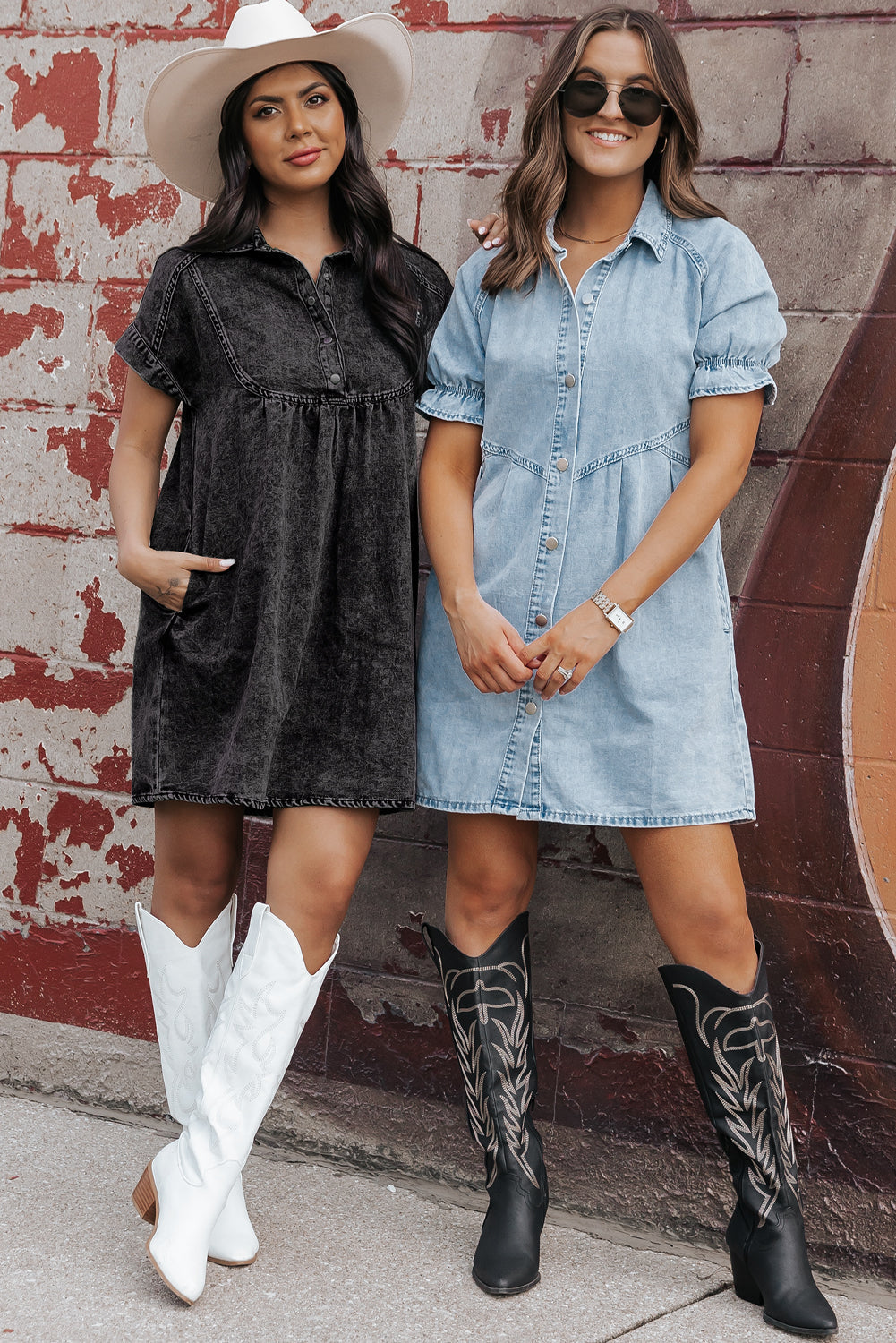 Acid Wash Button Front Collared Short Sleeve Denim Dress