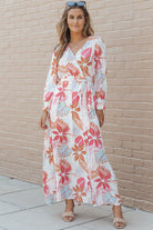 Tropical Plant Print Long Sleeve Wrap V-Neck Slit Maxi Dress