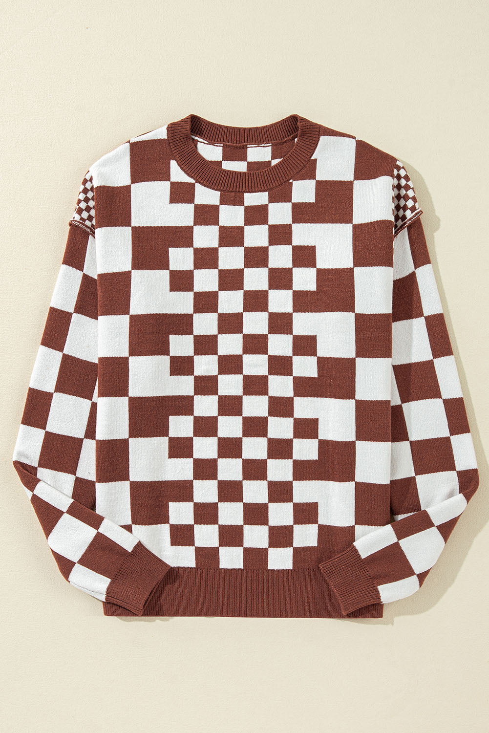 Checkered Print Drop Shoulder Round Neck Sweater