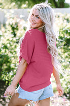 Bright Pink Textured Rolled Sleeve V Neck Tee