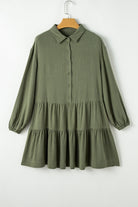 Puff Sleeve Buttoned Tiered Pleated Shirt Mini Dress