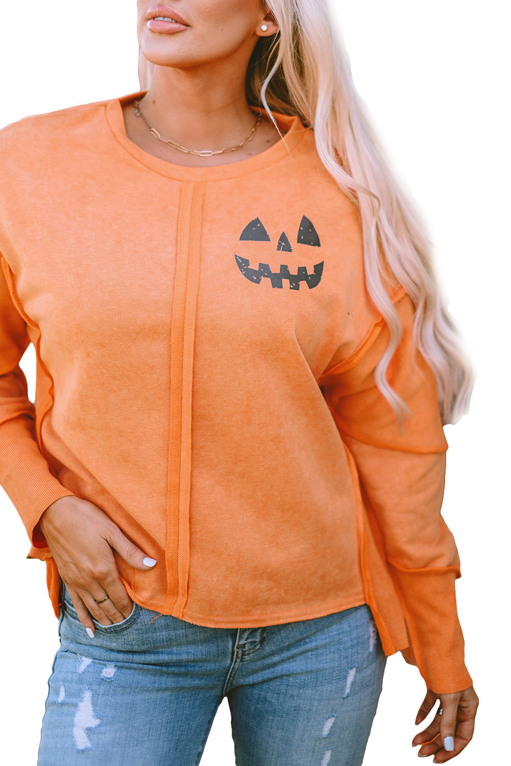 Halloween Pumpkin Face Exposed Seam Patchwork Sweatshirt