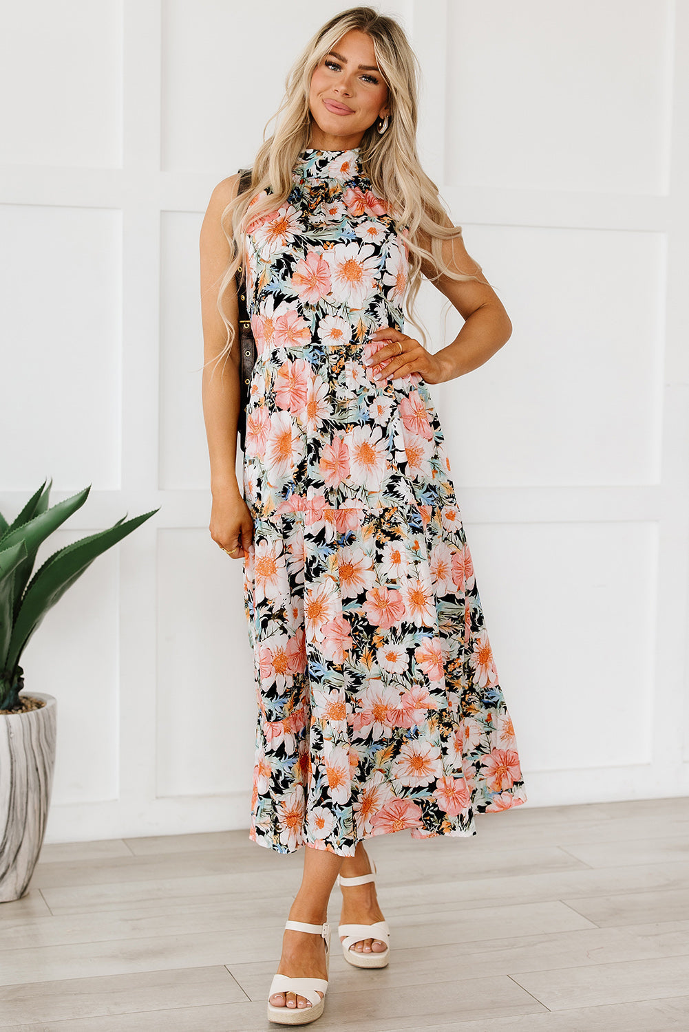 Boho Floral Print Knotted Halter Ruffled Maxi Dress